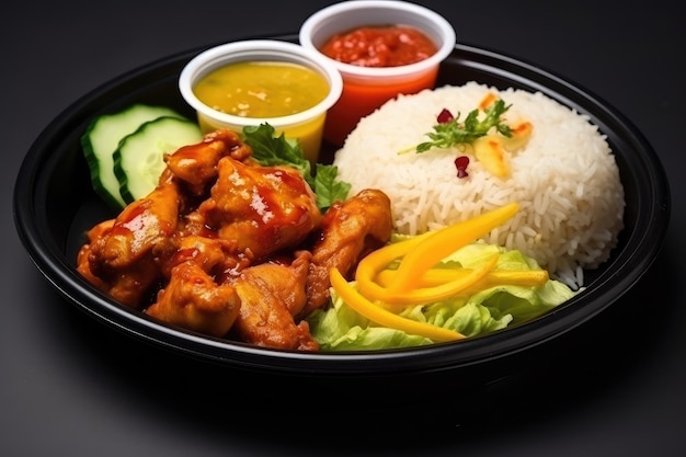 Photo nourriture indonésienne poulet riz tempe légumes et sauce chili