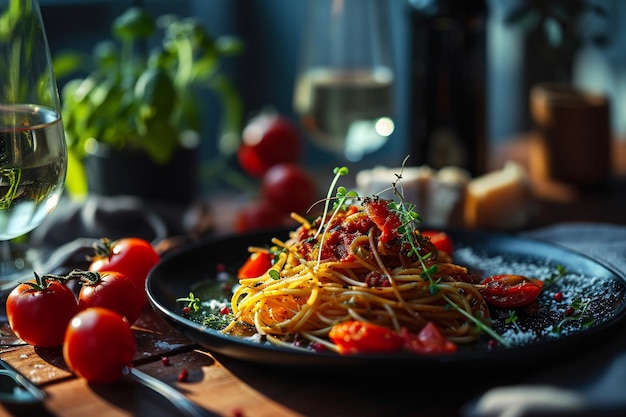 nourriture italienne et restaurant spaghettis de pâtes italiennes avec sauce tomate servis sur assiette noire