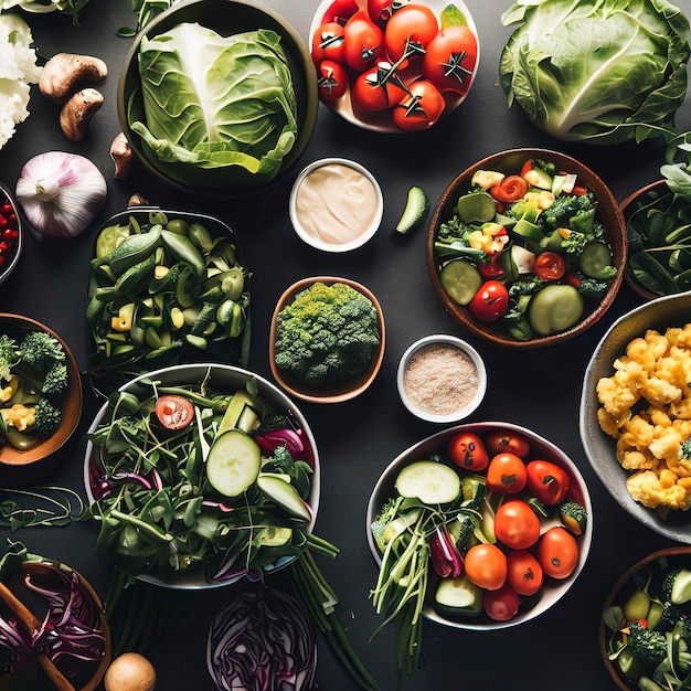 Nourriture et légumes frais et bols à salade sur la table de la cuisine en vue de dessus Concept de saine alimentation