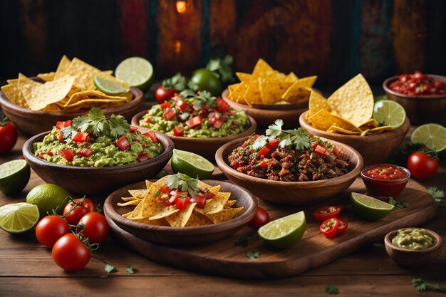 Photo nourriture mexicaine mixte nourriture de fête guacamole nachos fajita viande tacos salsa poivrons tomates sur un bois