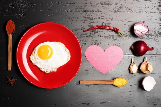 Nourriture placée sur une plaque rouge sur fond sombre. Omelette posée au milieu de l'assiette. Concept de petit-déjeuner et d'art culinaire. Plat avec oeuf près de cuillères aux épices, ail, oignon, coquille d'oeuf, piment et coeur rose