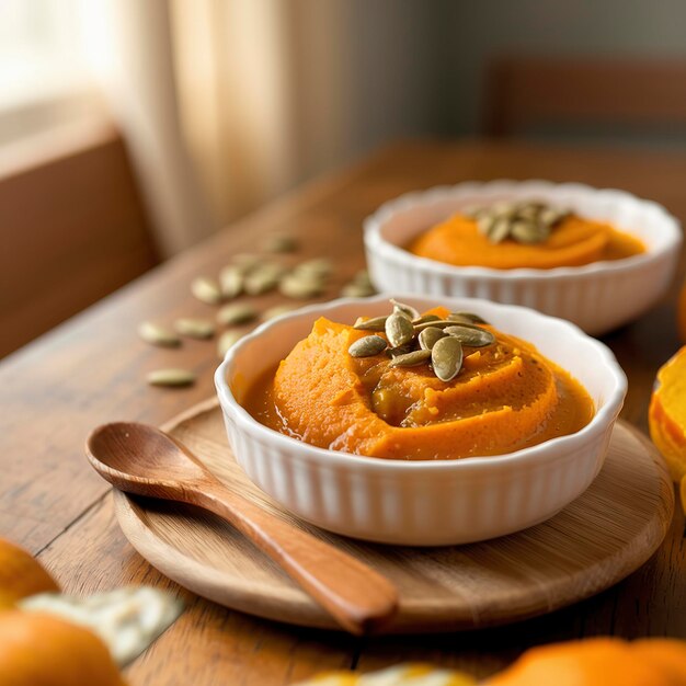 De la nourriture pour bébés, de la purée de citrouille fraîche sur une table en bois.