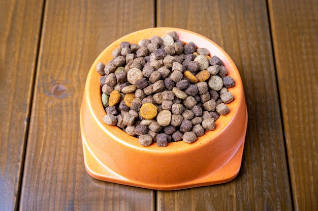 Nourriture pour chats et chiens dans un bol sur un sol en bois.