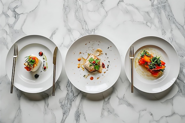 Photo la nourriture présentée sur trois assiettes avec des fourchettes