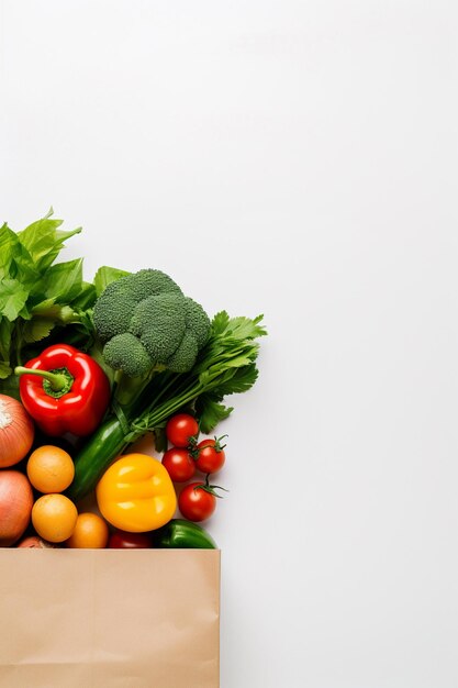 Nourriture saine dans un sac en papier de légumes et de fruits sur blanc