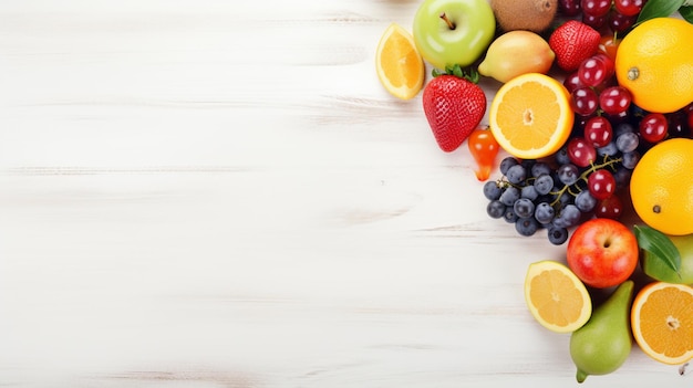 Photo nourriture saine photo de fond de studio de différents fruits sur une table en bois blanc génératif ai