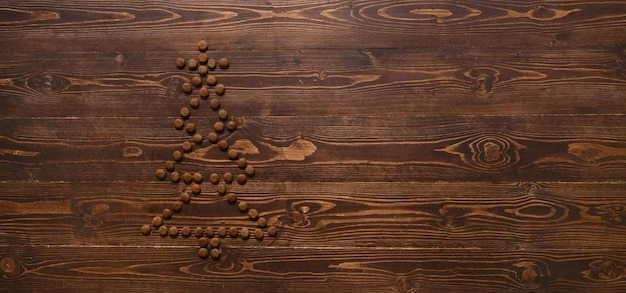 Nourriture sèche pour chats ou chiens en forme d'arbre de Noël avec étoile sur fond de bois marron vue de dessus