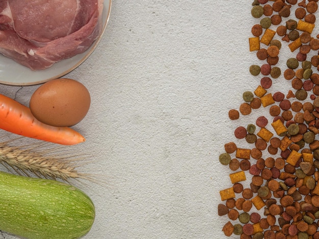 Nourriture sèche pour chats ou chiens viande courgette courge carottes céréales épi de blé une place pour le texte