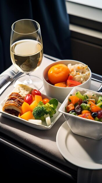 Photo nourriture servie à bord d'un avion de classe affaires