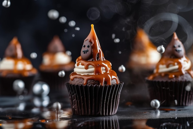 Nourriture sucrée pour les cupcakes fantômes d'Halloween décorés de décorations inspirées d'Halloween dans le style orange foncé et marron foncé Generative AI