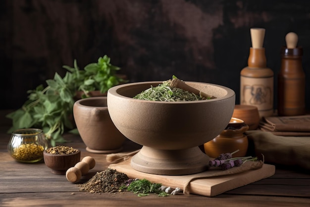 Nourriture de table en bois aux herbes Generate Ai