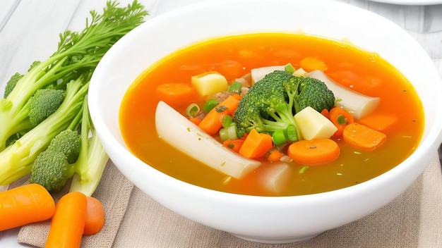 Nourriture sur une table avec une soupe de légumes claires et saines avec des carottes dans un bouillon et différents types de fruits