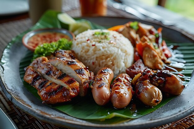 Nourriture thaïlandaise cuite à la vapeur avec du poulet grillé