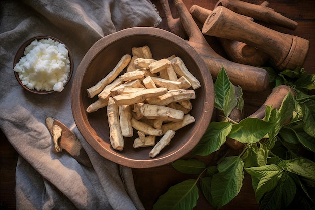 Photo la nourriture traditionnelle brésilienne: des amidons de manioc sur une table rustique