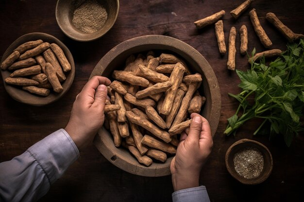 La nourriture traditionnelle brésilienne: des amidons de manioc sur une table rustique