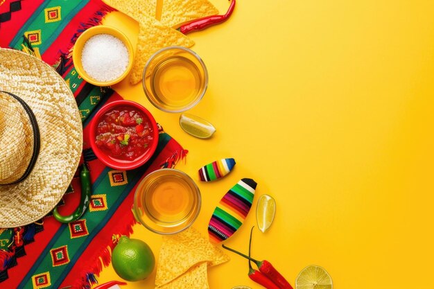 Photo nourriture traditionnelle du cinco de mayo et décorations sur fond jaune