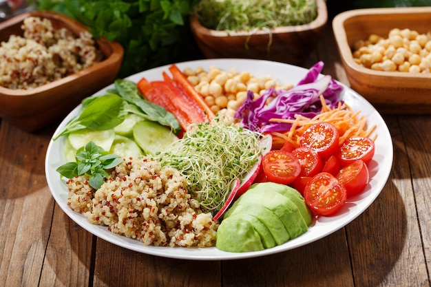 La nourriture végétarienne. Assiette de salade saine avec avocat, quinoa, tomate, poivron, épinards, chou, pousses et pois chiches