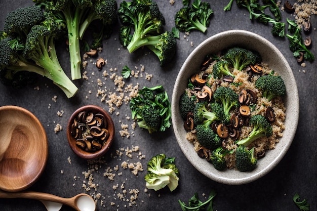 Nourriture végétarienne saine brocoli champignons épinards et quinoa dans un bol à plat couché vue supérieure