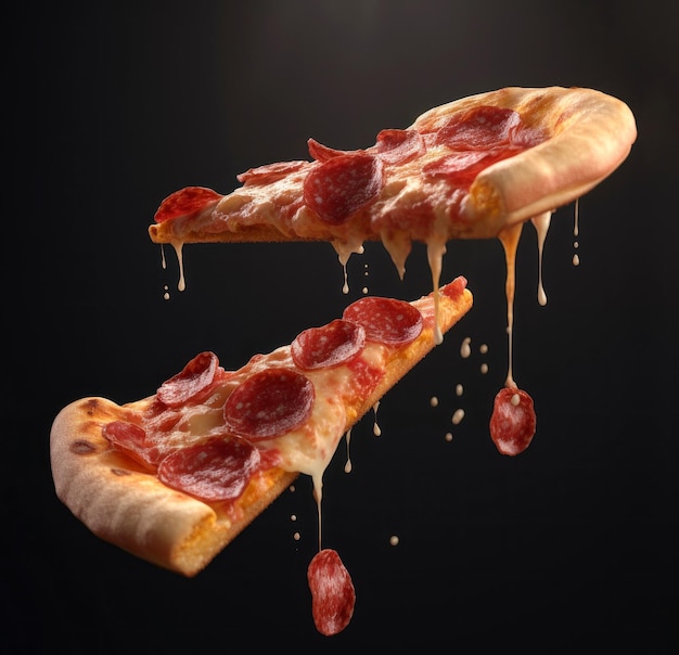 Photo nourriture volante deux tranches de pizza avec du fromage et des saucisses en lévitation sur fond noir ai générative