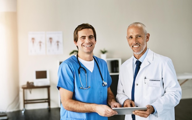 Nous utilisons une technologie de pointe dans notre cabinet Portrait de deux médecins utilisant une tablette numérique dans un hôpital