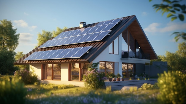 nouveau bâtiment avec des panneaux solaires sur le toit Énergie durable et propre à la maison AI générative