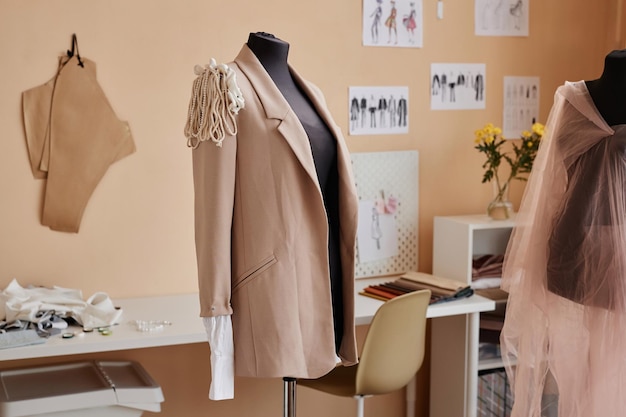 Photo nouveau blazer beige avec décoration sur la partie supérieure de la manche suspendue au mannequin