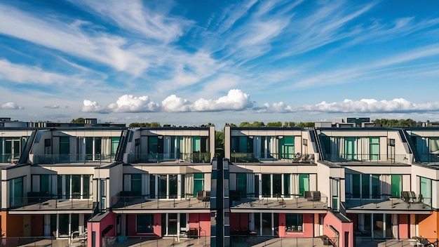 Nouveau bloc d'appartements modernes avec des balcons et un ciel bleu en arrière-plan