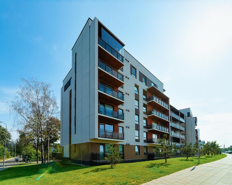 Photo nouveau concept immobilier moderne d'appartement plat. installations résidentielles extérieures.