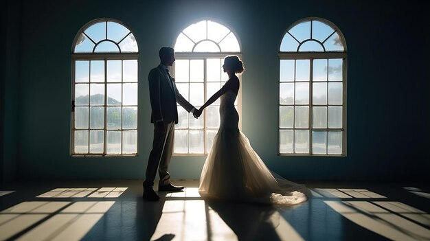 Nouveau couple de mariés et de mariées se tenant la main s'embrassant romantiquement à l'intérieur du bâtiment Image générée par l'IA