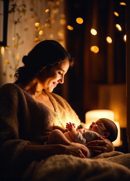 Un nouveau-né dans les mains de sa mère heureuse ambiance sombre confortable nuit 8k salon arrière-plan