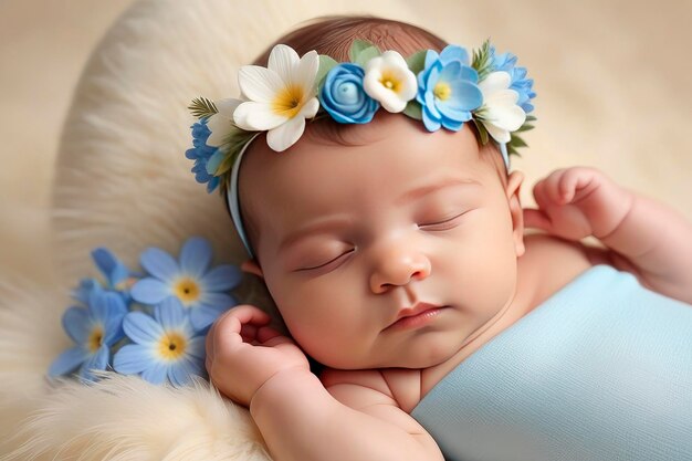 Un nouveau-né est allongé dans un lit délicat enveloppé d'un tissu et d'un bandeau avec une fleur bleue