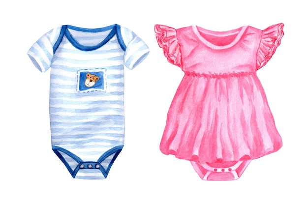 Nouveau-né garçon et fille body robe aquarelle illustration isolé baby shower ou fête de genre