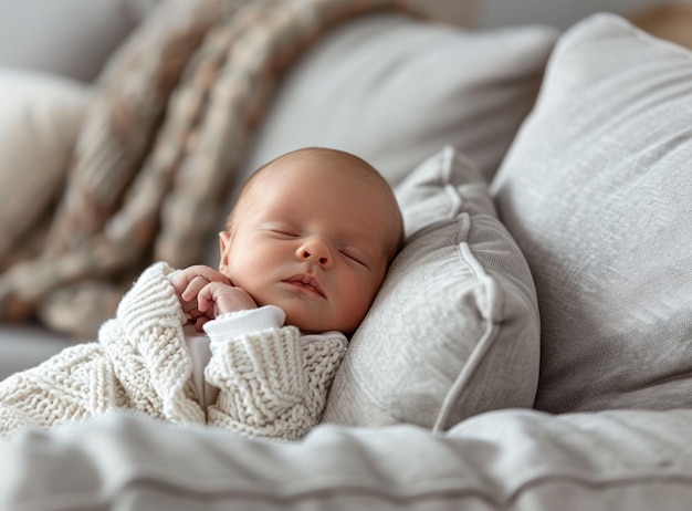 Un nouveau-né mignon qui dort sur le canapé.