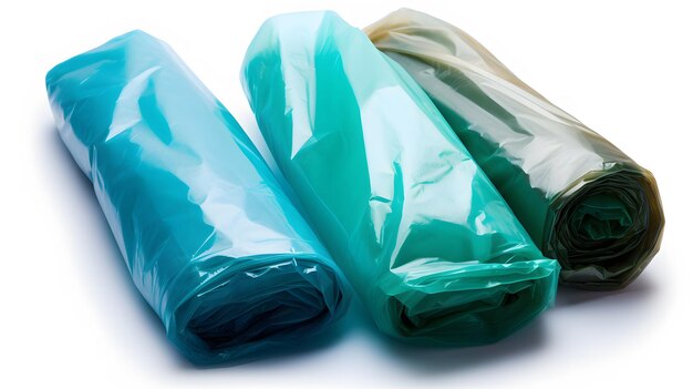 Nouveau rouleau de sacs à ordures en plastique isolé sur fond blanc