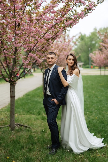 Les nouveaux mariés se promènent dans le parc parmi les fleurs de cerisier