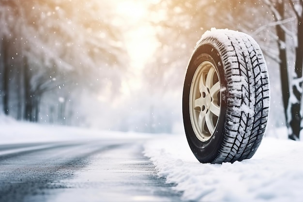 Photo de nouveaux pneus d'hiver pour voitures présentés sur une route enneigée.