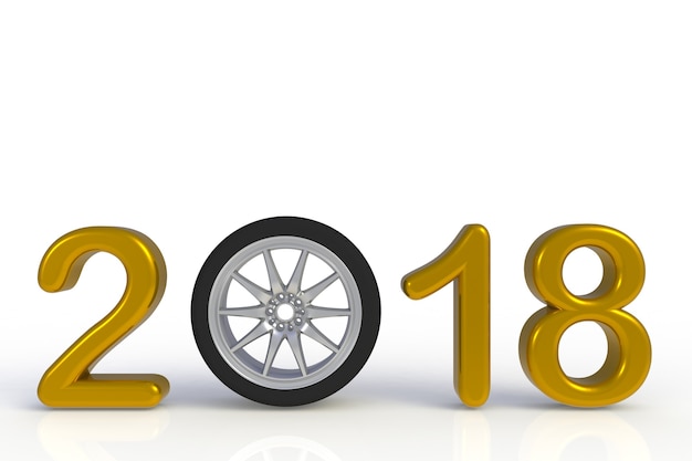 Nouvel an 2018 avec la roue de la voiture, numéro de l&#39;année jaune isolé sur fond blanc