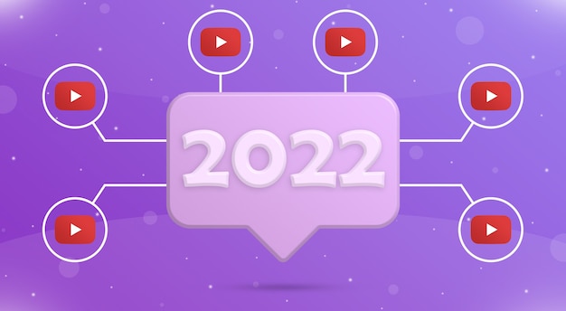 Nouvel an 2022 sur l'icône de notification avec les logos youtube autour de la 3d