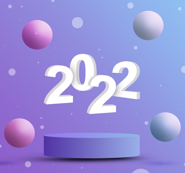 Nouvel an 2022 avec plate-forme et ballons autour de 3d