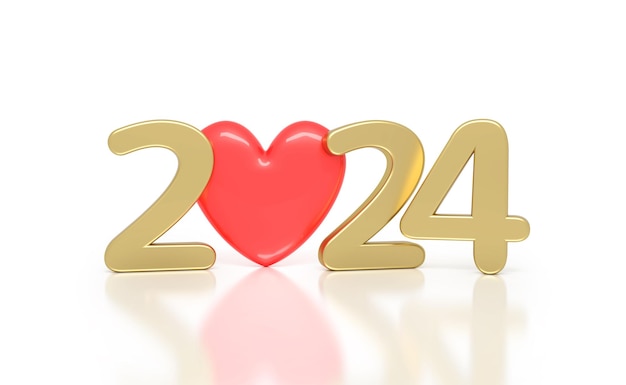 Nouvel An 2024 Creative Design Concept 3D avec le symbole du coeur Image Rendue