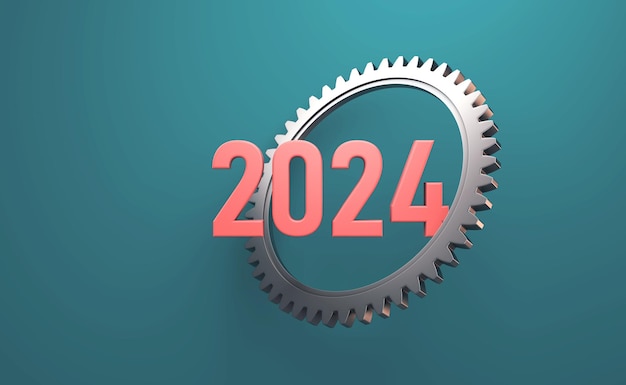 Nouvel An 2024 Creative Design Concept avec Gears 3D Rendered Image