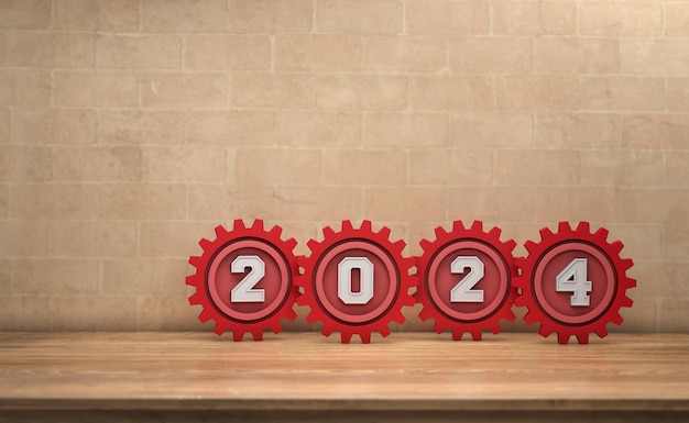 Nouvel An 2024 Creative Design Concept avec Gears 3D Rendered Image