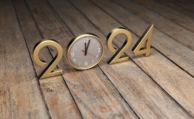 Nouvel An 2024 Creative Design Concept avec horloge image rendue 3D