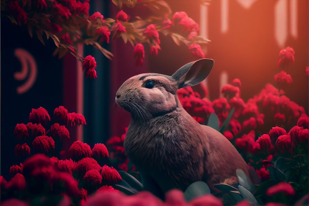 Nouvel an chinois 2023 année du lapin lapin aux fleurs rouges ai générative