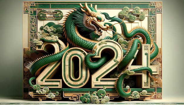 Photo le nouvel an chinois 2024, l'année du dragon, le dragon de bois vert et la carte de vœux numérique.