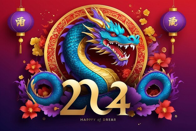 Nouvel An chinois 2024 Année du drapeau Banner ou modèle d'affiche de fête avec un dragon rugissant