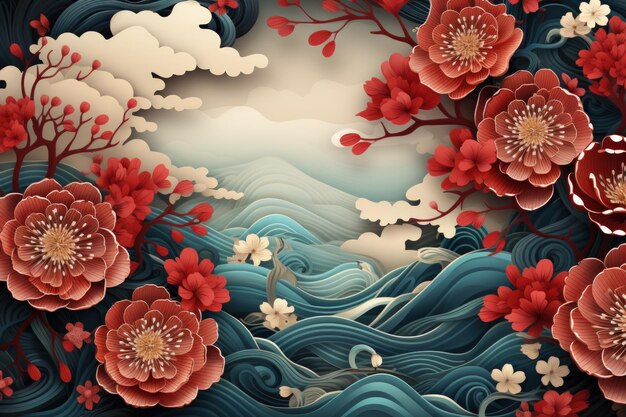 Nouvel an chinois concept papier style art fond Dragon et fleur de cerisier fond rouge