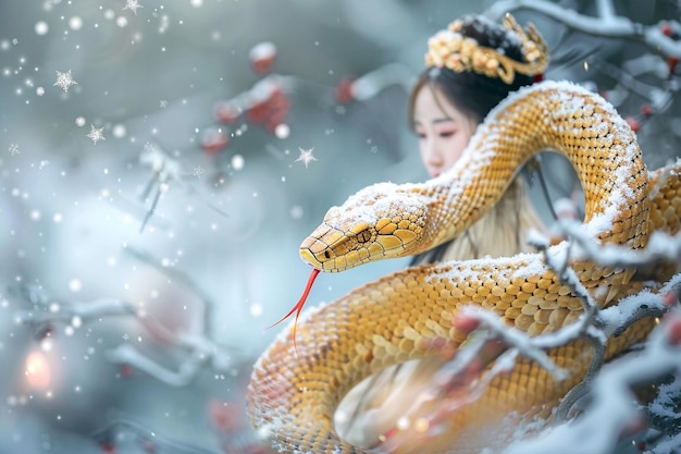 Nouvel An chinois du serpent jeune femme asiatique en vêtements traditionnels sur fond de neige