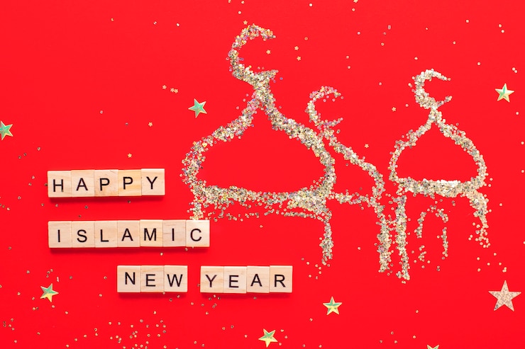 Photo nouvel an islamique. l'inscription happy new year islamique sur fond rouge, une mosquée de paillettes.