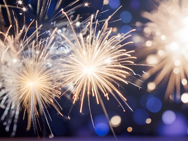 Photo le nouvel an de sylvester, la veille du nouvel an, la fête, la bannière de fond, les cartes de vœux, les feux d'artifice, le feu rose violet.